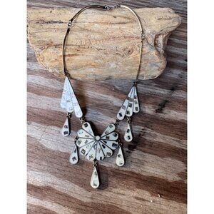 Vintage Mexican Sterling Silver Necklace With White & Abalone Inlay Floral